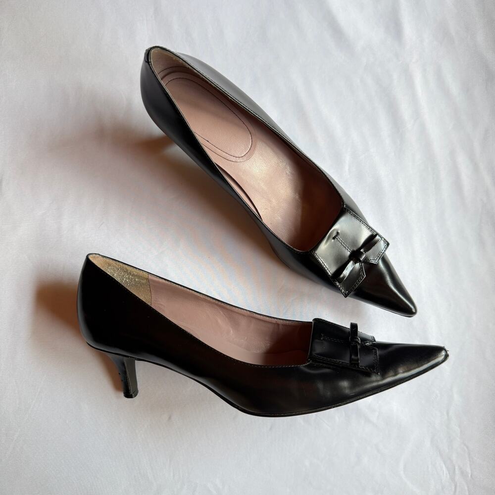 Nine West Shuman Black Leather Pointed Toe Kitten Heels Sz 8 Minimalist 90s
